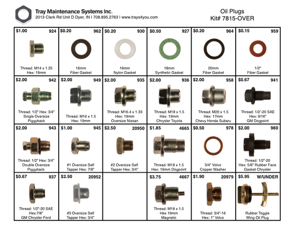 Oversized Oil Plug & Gasket Assortment – Tray Maintenance Systems, Inc.